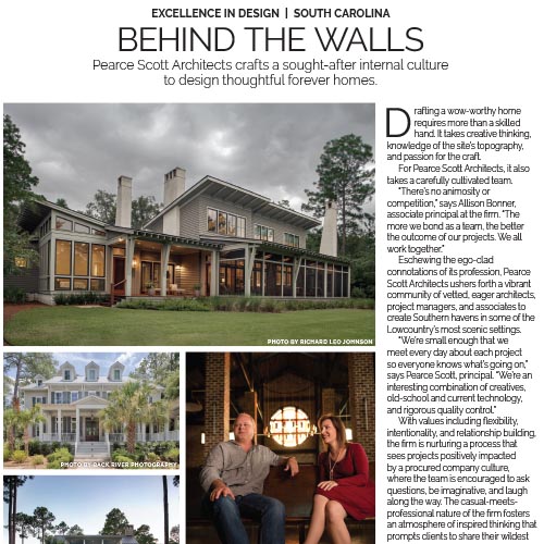 "Behind the Walls" magazine spread with interior and exterior images of luxury homes.