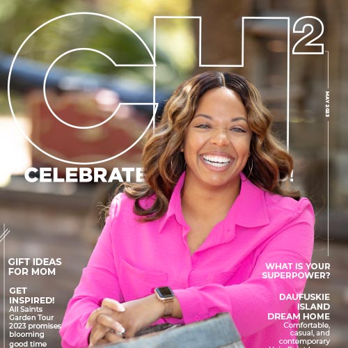 CH2 magazine cover titled "Celebrate" with smiling woman in bright pink top.