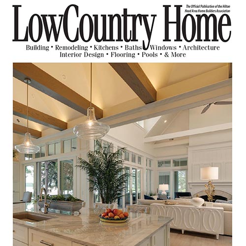Magazine titled "LowCountry Home" with photo of a vaulted ceiling and beams.
