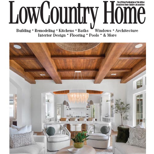 LowCountry Home magazine cover with coffered ceiling and neutral-toned kitchen.