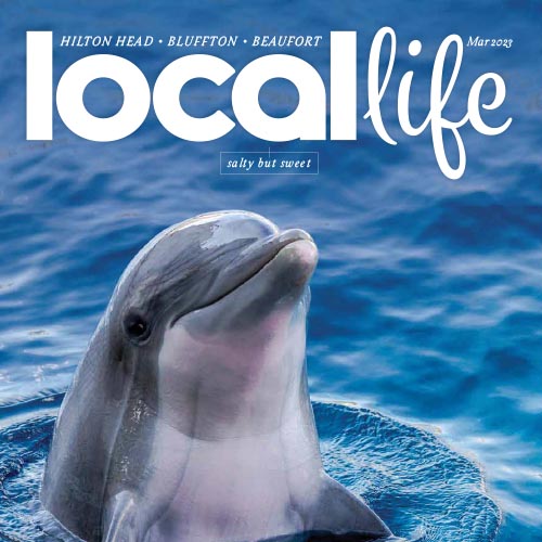 Local Life magazine cover featuring a smiling dolphin above ocean water.