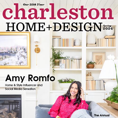 Charleston Home + Design magazine featuring Amy Romfo seated in white living room.