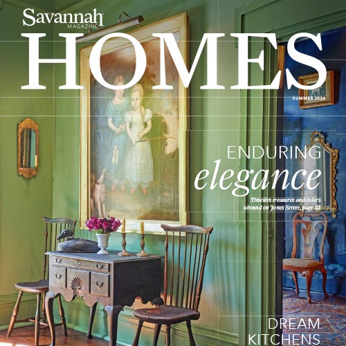 Savannah Homes magazine cover titled "Enduring Elegance" with antique decor and green walls.