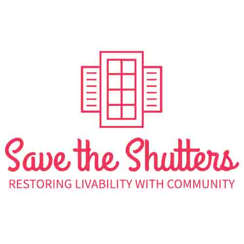 Logo for Save the Shutters with a red shutter icon and tagline.