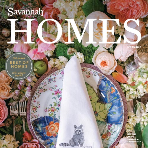 Savannah Homes magazine cover with floral tablescape and elegant dining setting.
