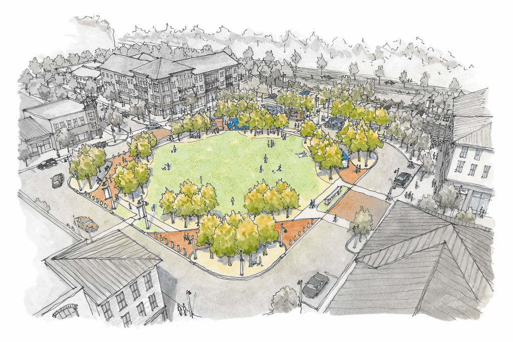 Illustrated site plan of a landscaped town green surrounded by walkways.