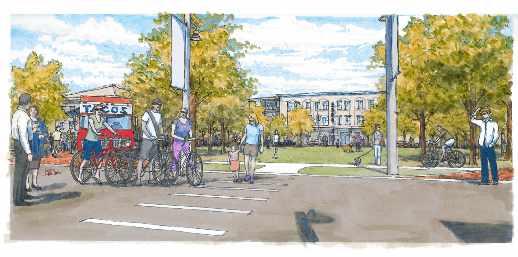 Colorful rendering of adults riding bikes near a community park under sunny skies.