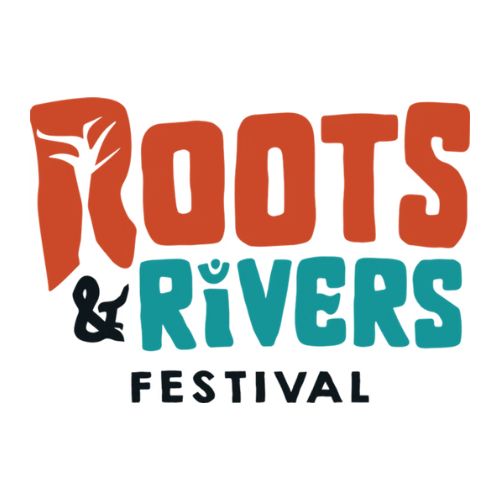 Roots & Rivers Festival logo in orange and teal text